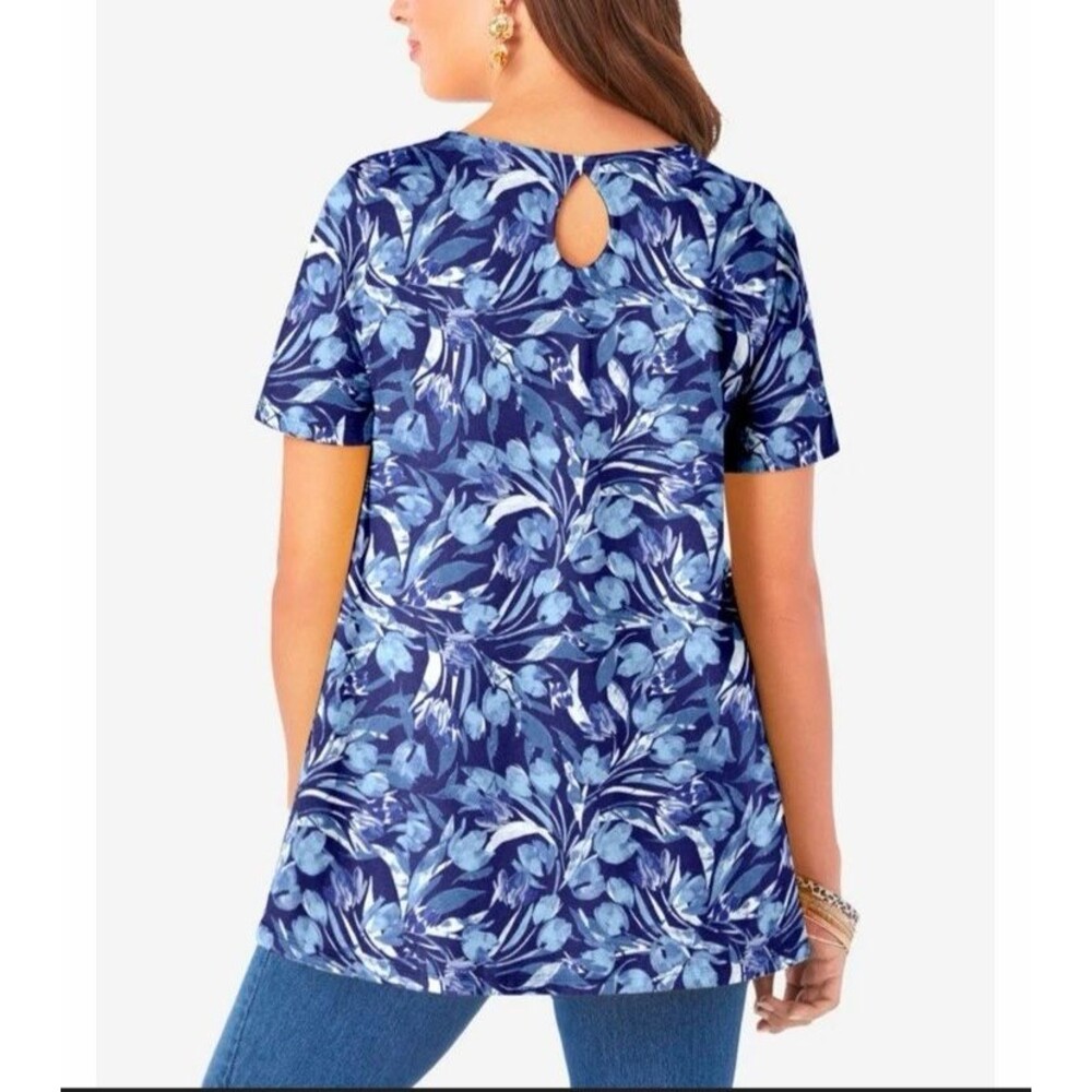Roaman's Women's Size L 18/20 Blue Cotton Ultimate Swing Tee With Keyhole‎ Back